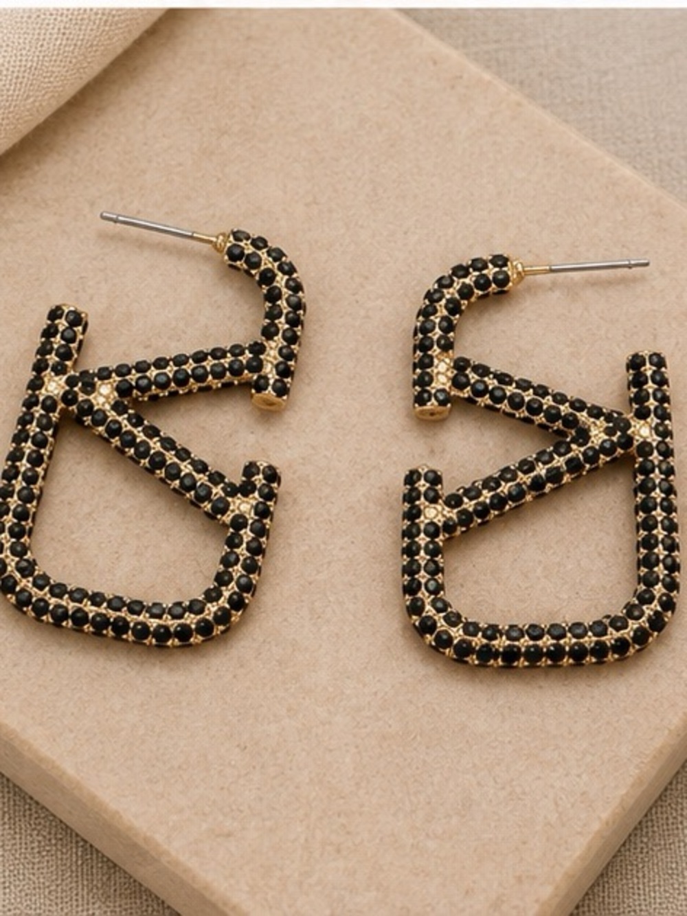Black Crystal Statement Earrings Gold Tone